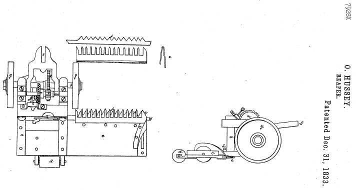 Drawing from Obed Hussey's earlier U.S. Patent for a reaper.